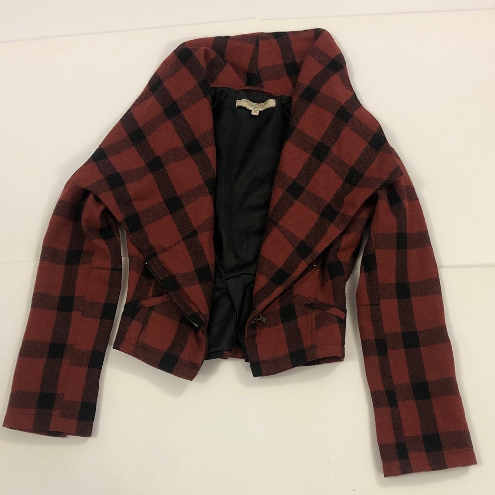 Anthropologie XS Jacket Moto Plaid Lt Brown Black Pockets Zipper Excellent Condi - Picture 6 of 12